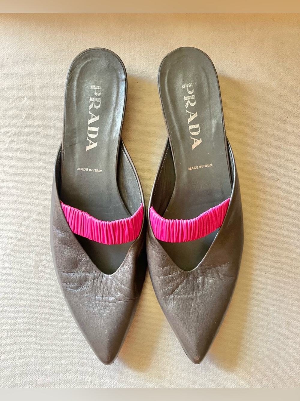 Authenticated Gray Prada Flats with Pink Straps Size 39/9